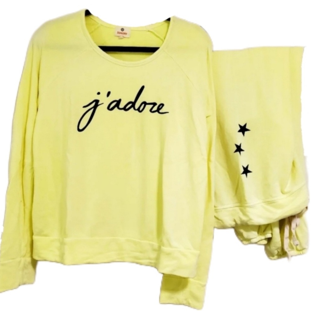 Sundry Yellow J'Adore Lounge Sweatshirt Sweater Jogger Sweatpants Set